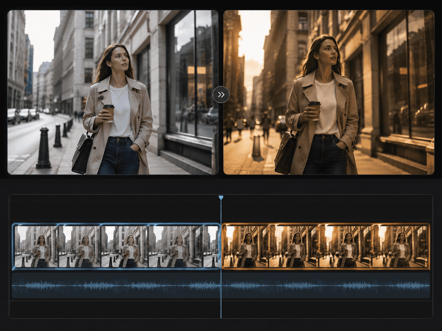Before and after comparison of a restyled street scene in Ray 3.2