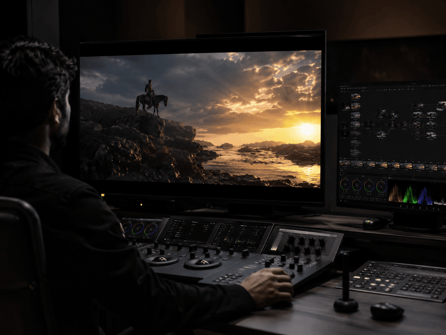 Color grading workstation showing HDR and EXR finishing workflow