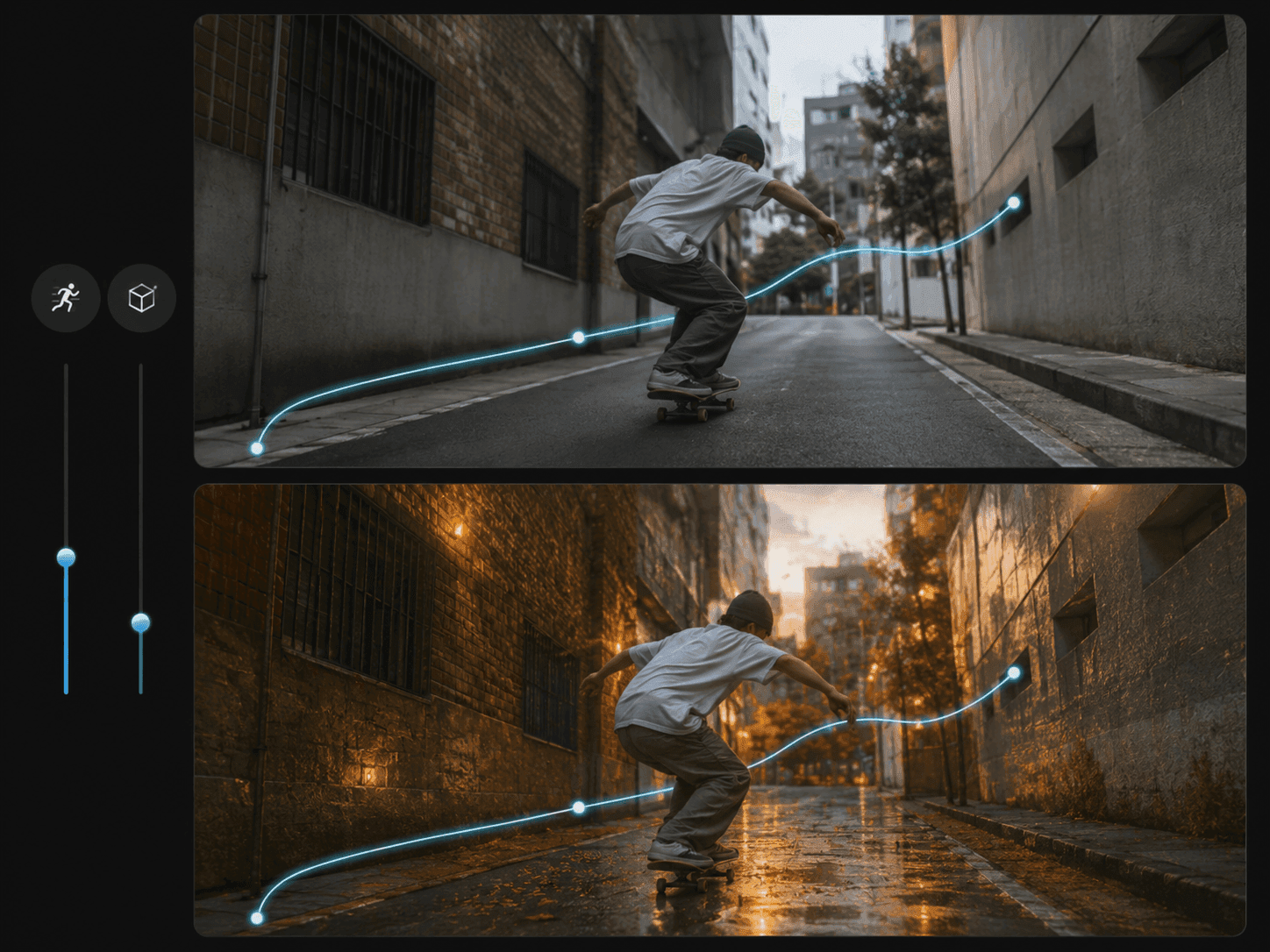 Motion and structure adherence controls applied to a skateboard scene