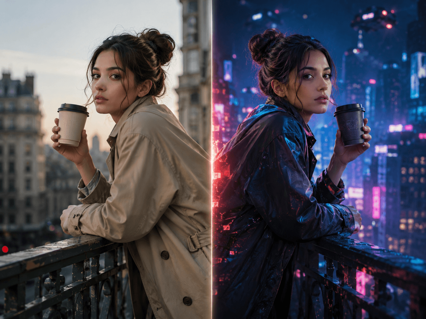 Character transformation from a realistic street scene to a cyberpunk look