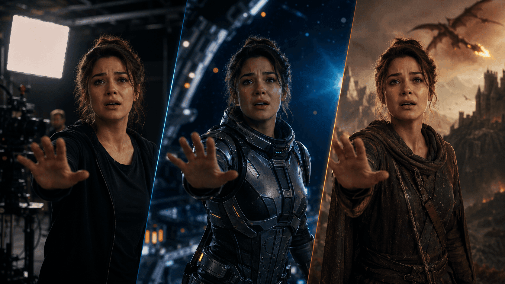 A performer shown across studio, sci-fi, and fantasy scene transformations