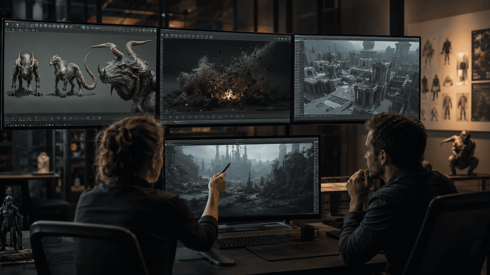 Artists reviewing creature, effects, and environment concepts on multiple production monitors