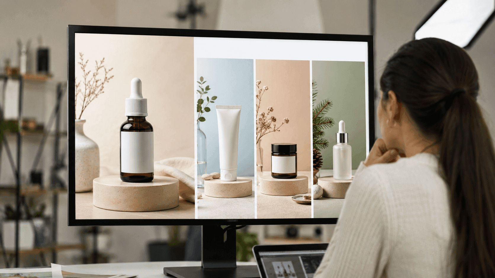 A product photography workstation showing multiple skincare product visual directions